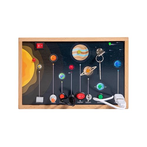 Image of Adena Montessori Solar System Busy Board, 1-6y | Safe wood, LED light switches & solar system theme. Boosts fine motor & sensory skills. Travel-friendly.