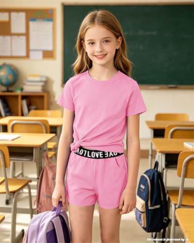Image of Bestuline Girls Summer 2 Piece Outfits,Basic Short Sleeve Top & Shorts Set with Side Pockets,4-14Y