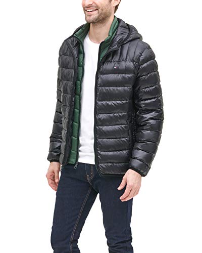 tommy hilfiger men's insulated packable jacket contrast bib hood