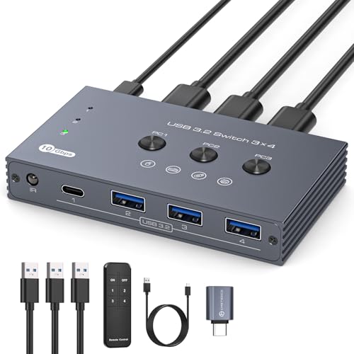 THXCDBID USB 3.2 Switch 3 Computers Sharing 3*USB A & 1*USB C Port 10Gbps USB Switch Selector Sharing Keyboard Mouse Printer Scanner with 3 USB A Input Cable and IR Remote Control