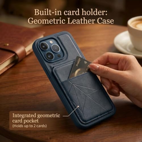 Image of amazon basics Premium Vegan Leather Back Cover with Card Holder and Integrated Mobile Stand for iPhone 14 Pro Max - Slim Shockproof Wallet Case with Geometric Stitching [Blue]