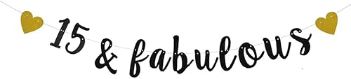 Miniatura 1 de XIAOLUOLY - Cartel negro con purpurina de 15 y fabuloso, pre-encordado, decoración de fiesta de aniversario de boda y cumpleaños número 15, 15 y