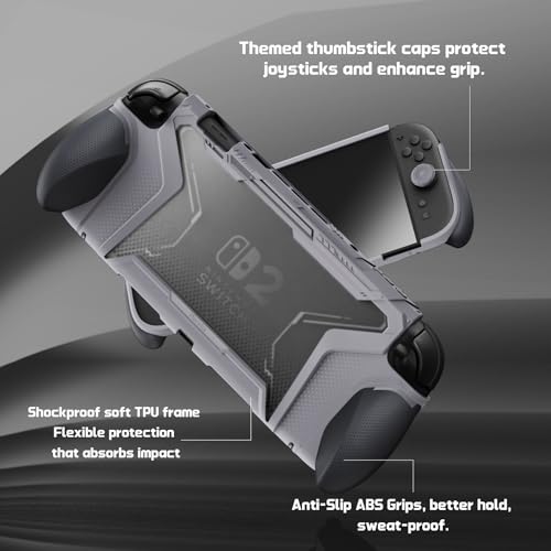 Image of PlayVital for Switch 2 Beyond-Grip Dockable Case, Interchangeable FPS /Omni Ergonomic Grips + Military-Grade Drop Protective Cover + 2 Joystick Caps for Nintendo Switch 2 (New Hope Gray)