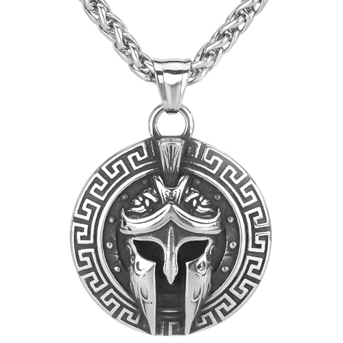 LOBON Vintage Sparta Mask Necklace Ancient Greek Warrior Spartan Helmet Pendant Stainless Steel Necklace Jewelry