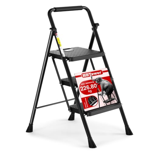 HBTower Trittleiter 3 Stufen klappbar, Leiter mit Breitem Anti-Rutsch-Pedal, Trittleiter mit Bequemer Handlauf, Tragbarer Tritthocker aus Stahl, Schwarz