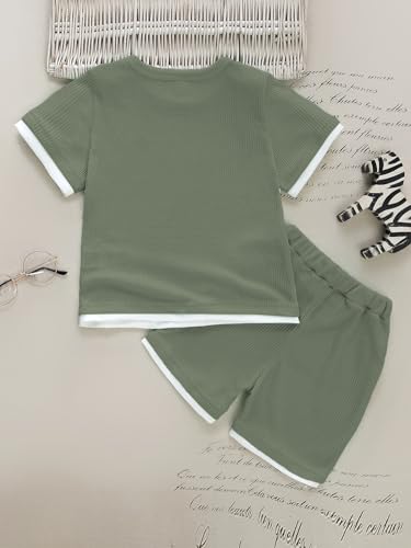 Image of Verdusa Boy's 2 Piece Casual Summer Outfits Waffle Knit Short Sleeve T Shirt and Track Shorts Sets Army Green 7Y