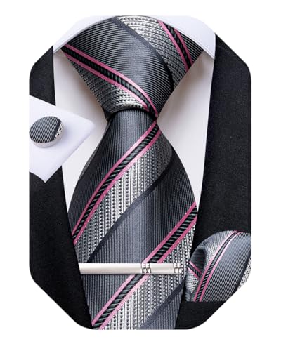 Image of DiBanGu Mens Striped Tie Silk Woven Necktie and Pocket Square Cufflinks Tie Clip Set Wedding Business Formal Gift Tie for Men
