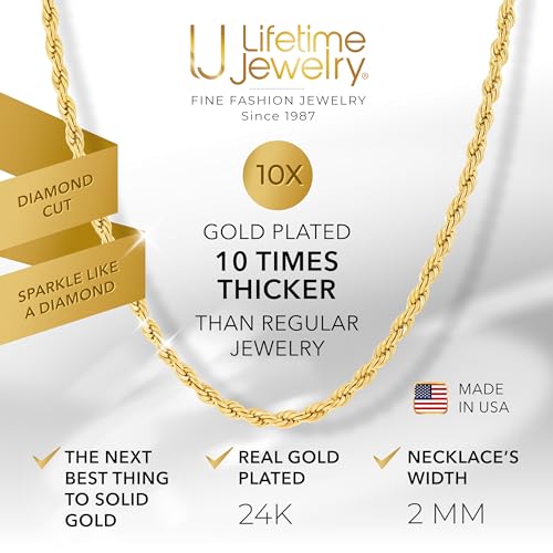 LIFETIME JEWELRY 2mm Gold Rope Chain for Women & Men - Diamond Cut 24k Necklace Real Gold Plated - Lifetime Replacement - Durable Clasp - 14 to 36 inches (Gold, 30 inches)