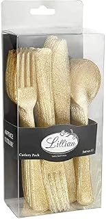Reusable Plastic Cutlery Gold Glitter, Full Size Cutlery Combo, 12 Forks, 12 Knifes, 12 Spoons, Pack 48 Count