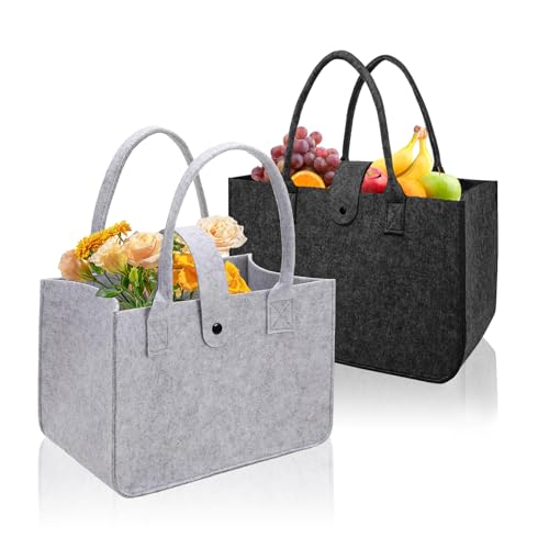 2 Piezas Grande Bolso Fieltro Shopper, 20x17x30cm Bolsa de Fieltro para la Compra, Bolsas de Fieltro Plegable, Cesto Fieltro con Asa de Fieltro para la Vida Diaria Acampar Ir de Compras (Negro Gris)