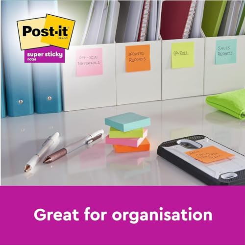 Image of Post-it Super Sticky Notes Soulful Collection - 6 Pads, 90 Sheets per Pad, 76 mm x 76 mm, Pink, Purple, Green, Grey, Blue - Extra Strong Sticky Notes for Notes, To Do Lists and Reminders