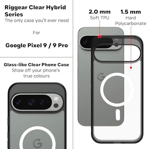 Image of RIGGEAR Shockproof Clear Hybrid Armor Back Cover Case Compatible with MagSafe Accessories for Google Pixel 9 / Pixel 9 Pro (Transparent PC + Clear Black Bumper)(White MagRing)