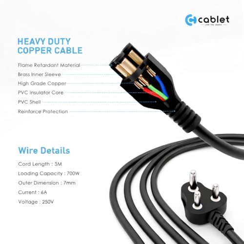 Image of Cablet 5M Black 3 Pin Laptop Power Cable with 18 AWG & 700W Heavy Duty Universal Power Cable Replacement for Charger Adapter Power Cord for Laptop (Lapop L50-5 Meter)