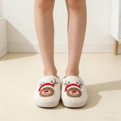 Image of Christmas Slippers Winter Warm Plush Pattern Slippers Soft Non-Slip Indoor House Shoes for Men Women