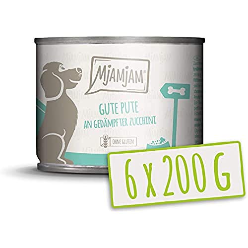 MjAMjAM - comida húmeda premium para perros - buen pavo sobre arroz hervido con calabacín al vapor, pack de 6 (6 x 200 g), natural con extra de carne