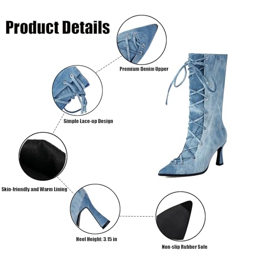 WENOREG Women's Denim Pointed Toe Lace Up Mid Calf Boots,Fashion Kitten Heels Cowgirl Party Prom Dress Boots3