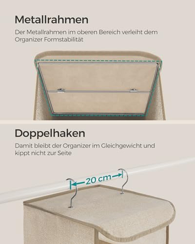 SONGMICS Hängeorganizer, Schrank-Organizer, Hängeregal, Hängeaufbewahrung, faltbar und platzsparend, Metallhaken und Bambus-Einsätze, leinenartige Textur, sandbeige RCH005Y01