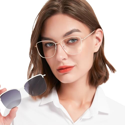 Image of Women's Large Blue Light Blocking Glasses plus Magnetic Sunglasses Clip, Easy to Switch to Shades for Driving