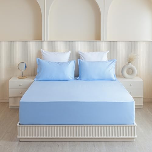 Image of HOMEMONDE Cotton 210TC Solid Fitted Bedsheet for King Bed Soft Premium Fitted Bedspread with 2 Pillowcases (78 x 78 Inches, Sky Blue) | Perfect for Home Decor & Gifting