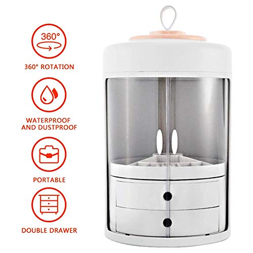 Makeup Organiser, 360 Degree Rotating Double Door Cosmetic Storage Box,Dust-Proof Cosmetic Case with 2 Drawers and Carry Handle