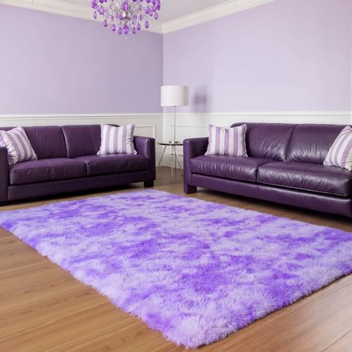 Zentavio Purple Rugs for Girls Room 4x6 Area Rugs for Living Room Carpet for Bedroom Washable Soft Fluffy Shag Aesthetic Plush High Pile Throw Rug for Nursery Kids Room Dorm Room Tie-Dyed