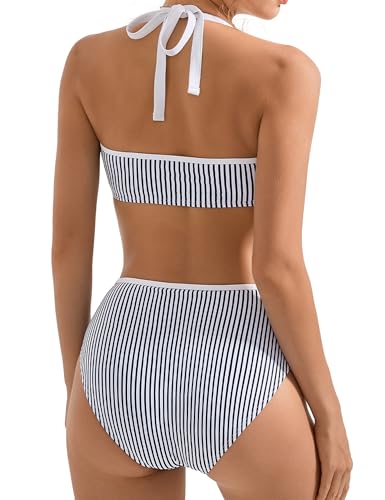 SUUKSESS Women Sexy High Waited Bandeau Bikini Sets Halter High Cut Two Piece Swimsuit Colorblock Push Up Bathing Suit(Navy Blue Black,L - Image 3