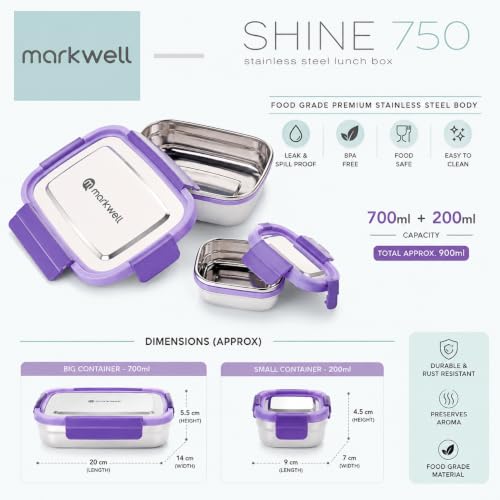 Image of MARKWELL Stainless Steel Lunch Box 700ml + 200ml | Leak Resistant Tiffin Box with Mini Container | BPA Free Lunch Box for Office, School, College, Kids & Travel | (Multicolor)