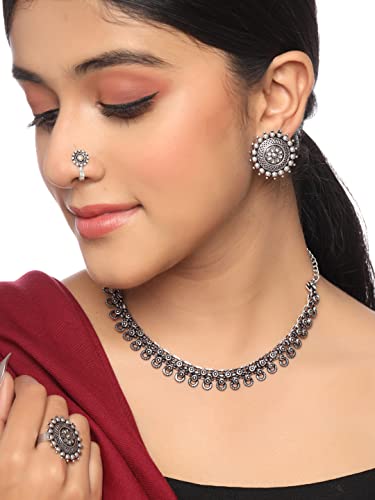 Yellow Chimes German Silver Oxidised Jewellery Set Traditional Threaded Choker Necklace Set for Women and Girls - Image 3