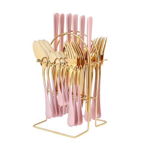 Justup Juego de cubiertos para 6 personas, 24 piezas de cubiertos de acero inoxidable pulido espejo, incluye cuchillo, tenedor, cuchara, cucharilla de café, juego de vajilla con soporte para casa