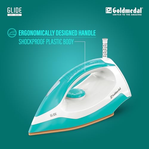 Image of Goldmedal Glide 1100W Dry Iron | Non-stick Weilburger Premium Double Coated Soleplate | 5 Fabric Setting |1.8 Meter Cord | 360 Swivel Cord | 2.5 Years Warranty | Light Weight (Turquoise Blue)