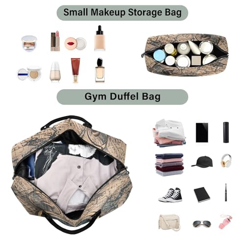 Large Travel Duffel Bag, World Retro Map Sport Tote Gym Bags, Shoulder Weekender Overnight Bags for Women Men, Carry On Luggage with Toiletry Bag4