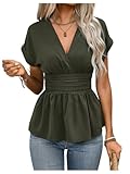 Milumia Women's V Neck Cap Sleeve Wrap Blouses Ruched Ruffle Hem Peplum Tops Green X-Large