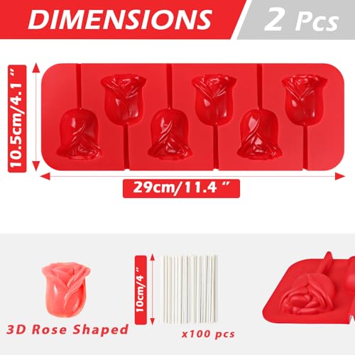 Webake The Original 3D Rose Lollipop Molds, 6 Holes Rose Shaped Silicone Chocolate Candy Molds with Sticks, Great for Cupcake Decorations, Cake Pop, Sucker and Chocolate Making, Pack of 2