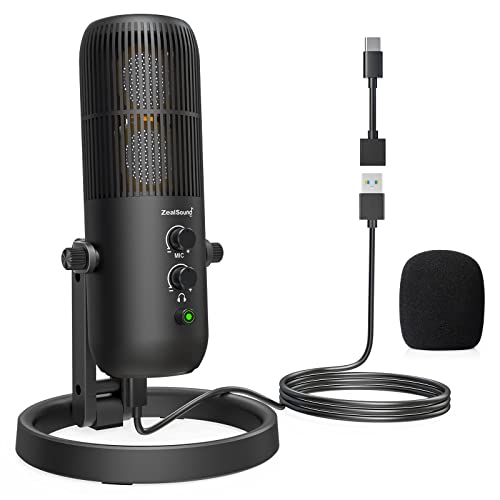 ZealSound USB Microphone,DUAL16mm Capsule Metal Recording Condenser Microphones,Mute/Monitor Headphone Jack/Volume Control for Vocal Recording YouTube Streaming Gaming ASMR Zoom Metting Class TIK Tok