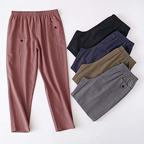 Minibee Women's Elastic Waist Casual Crop Linen Pull On Pants Wine 2XL - Thumbnail 3