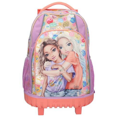 Depesche 13286 TOPModel Girl Power - Schulrucksack Trolley in Lila und Beige, mit Model Motiv und bunten Patches, Schultasche mit Teleskopgriff und Rollen