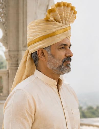 Image of BookMyCostume Traditional Rajasthani Safa & Barati Pagdi Collection - Pre-Stitched Ethnic Turbans, Bandhani /Leheriya Headwear For Weddings, Cultural Folk Dance & Festival Pagdi for Adults