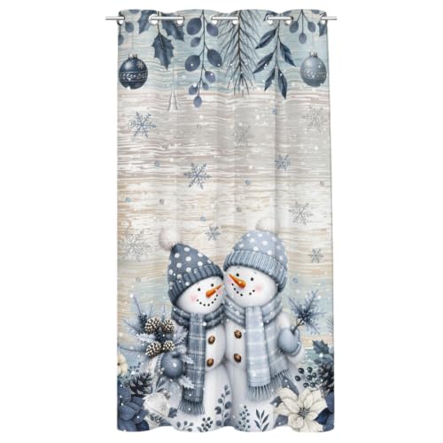 Winter Couple Snowmen Outdoor Curtains for Patio Christmas Hanging Pine Swag Wood Grain Waterproof Outside Curtains with Grommet Top Weatherproof Curtain for Cabana Pergola Gazebo, 1 Panel, 54" x 108"
