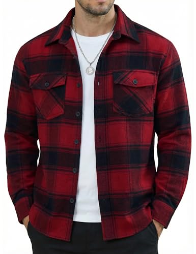 MAGNIVIT Mens Flannel Shirts Plaid Button Down Shirt Jacket RedL