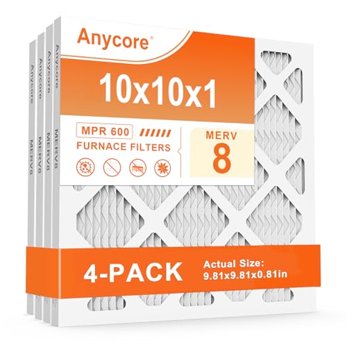 Anycore 10x10x1 AC Furnace Air Filter 4-Pack MERV 8 MPR 600 FPR 5 HVAC Pleated Filters for Home Office (Actual Size: 9.81x9.81x0.81 inch)
