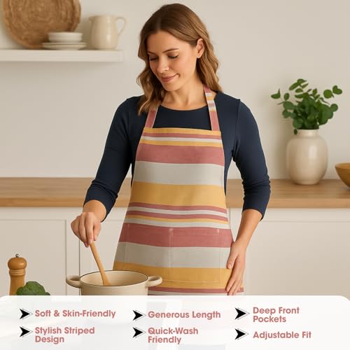 Image of Unisex Cooking Aprons | Waterproof Apron | Striped Design with 2 Front Pockets & Adjustable Neck Strap | Durable, Oil & Stain Resistant | Chef Apron for Cooking