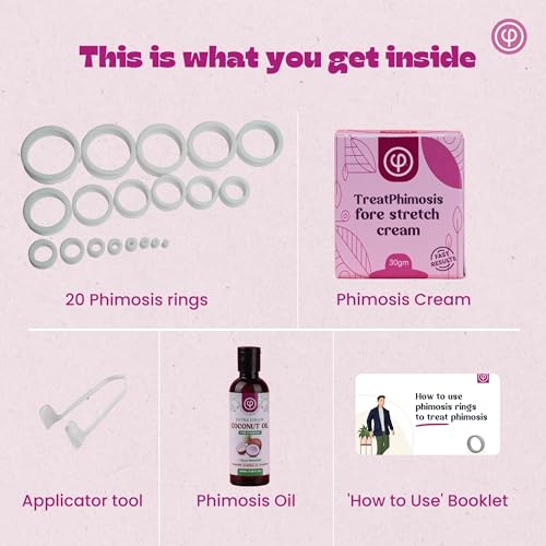 Zestaw Phimosis Pro z 20 x pierścieni Phimosis, 1 x kremem do Phimosis, 1 x olejkiem do Phimosis, 1 x arkuszem śledzenia, 1 x broszurą "Jak używać" | Zestaw domowy do Phimosis | Sprawdzone efekty |