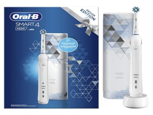 Oral-B Smart 4 – 4500 – Edición de diseño, cepillo de dientes eléctrico recargable, 1 mango conectado blanco con Bluetooth, 1 cepillo, 1 estuche de viaje exclusivo