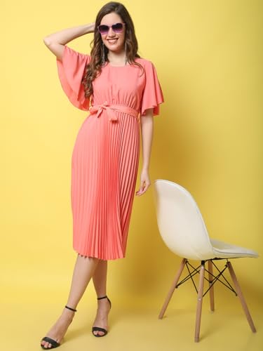 Image of Fabflee Women's Polyester A-Line Standard Length Dress (FB-P1-Pleated-201 XXL Pink