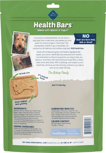 Image of Blue Buffalo Health Bars Crunchy Dog Biscuits, Oven-Baked with Natural Ingredients, Apples & Yogurt, 16-oz Bag, (Pack of 4)