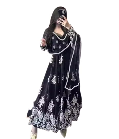 Georgette Embroidered Anarkali Gown for Women, Black with White Floral Embroidery, Stitched Kurta with Dupatta-picture-36