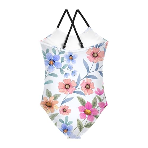 Girls One Piece Swimsuits Colorful Flowers on Light Blue Sport Halter Swimwear Beach Bathing Suit, 4T2