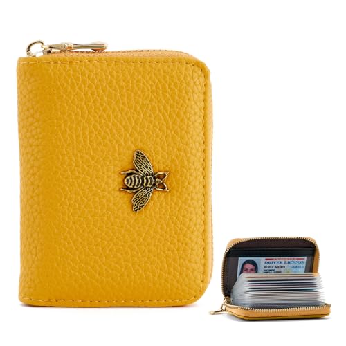 WOZEAH Leather Credit Card Holder for Women Wallet RFID Blocking Zipper Wallet Card Case Business（Yellow）