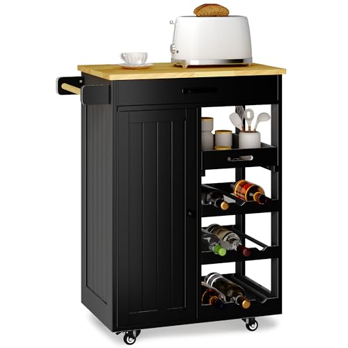Xbro Desserte Cuisine à roulettes avec Range-Bouteilles, Meuble de Cuisine Noir et Bois avec...