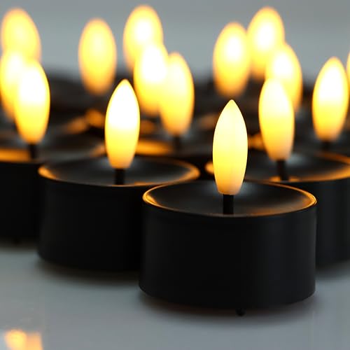 Image of CANDLE CHOICE Battery Operated Flameless Tea Lights Realistic Black Wick Bright Flickering LED Tealight Candles Wedding Table Centerpieces Halloween Christmas Decorations Batteries Incl. 12 Pack Black